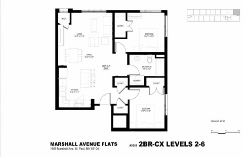 Floor plan for 2 beds, 1 bath, 852 sqft